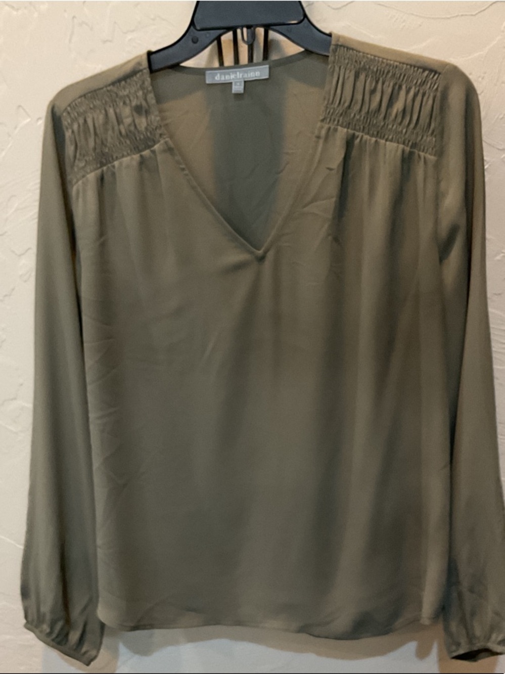 Daniel Rainn Olive V-Neck Long Sleeve Blouse with Shirred Shoulders